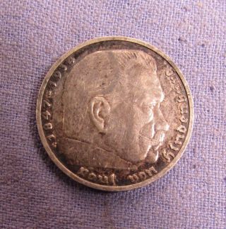 1937 Germany Deutsches Reich Silver 5 Mark Coin Paul Von Hindenburg 1847 - 1934 photo