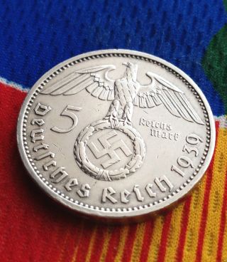 Ww2 German 5 Mark Silver Coin 1939 A Third Reich Swastika Reichsmark photo