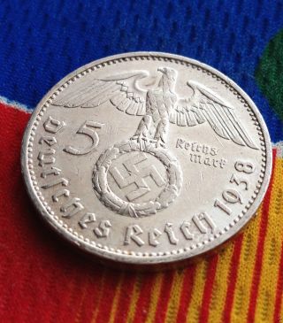 Ww2 German 5 Mark Silver Coin 1938 E Third Reich Swastika Reichsmark photo