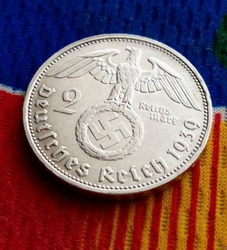 Wwii German 2 Mark Silver Coin 1939 G Third Reich Reichsmark 5 Star photo
