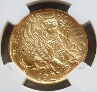 1927 V Gold Albania 20 Franga Ari Lion Of St.  Mark Coin Ngc State 64 photo