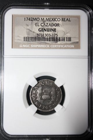 1742 El Cazador Shipwreck 1 Real Two Pillar Coin; Ngc Certified,  Scarcer photo