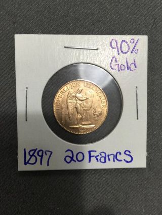 1897 Republique Francaise France Angel Rooster 20 Francs 90 Solid Gold Coin photo