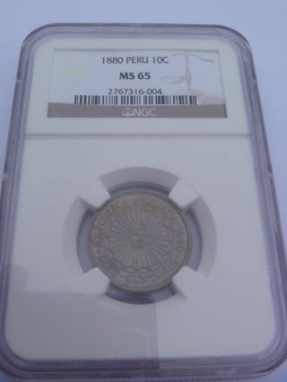 1880 Peru 10 Centavos,  Ngc Ms65,  Coin And Toning photo
