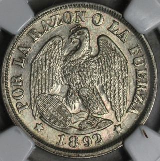 1892 Ngc Ms 62 Chile Silver 20 Centavos Ngc Pop 2/3 Condor Bird Coin 14111202 photo