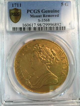 1711 Great Britain 5 Guineas Gold Coin Rare Pcgs Mount Removed photo