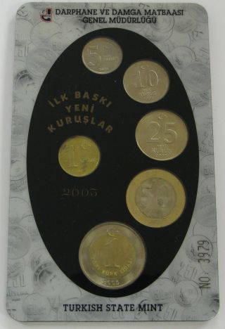 Turkey 1,  5,  10,  25,  50 Kurus & 1 Lira 2005 - State - Folder 1160 photo
