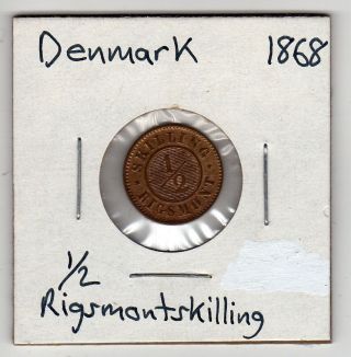 Denmark 1/2 Skilling Rigsmont 1868 Bronze Xf Circulated photo
