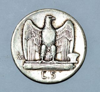 5 Lire 1926 R Italian Silver Coin Vittorio Emanuele Ii photo
