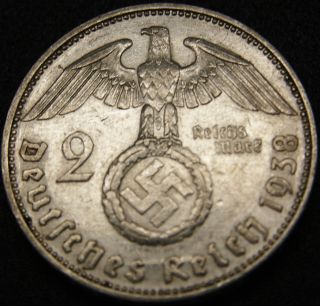 Third Reich Silver Coin 2 Reichsmark 1938 E photo