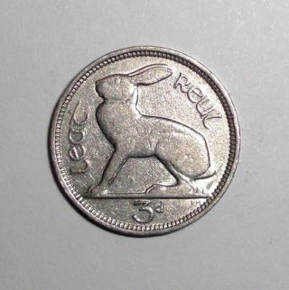 1940 Ireland 3 Pence,  Hare Rabbit Bunny,  Animal Wildlife Coin photo