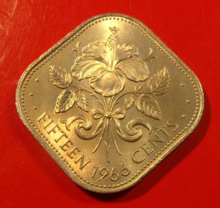 Bu 1966 Bahamas 15 Cents 6.  5g 25mm Hibiscus,  Queen Elizabeth Ii,  Light Gold photo