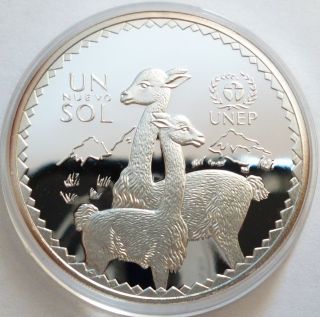 Peru Nuevo Sol 1994 Young Vicunas Silver Coin Proof Endangered Wildlife photo
