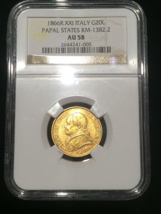 1866 R Xxi,  Italy 20 Lire,  Papal States,  Ngc Au58,  Gold Coin Rare,  Pope Pius Ix photo