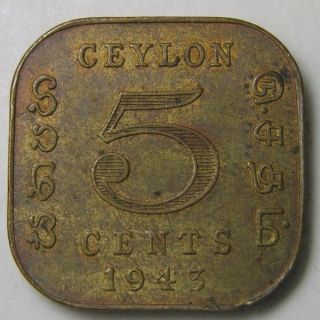 Elf Ceylon British 5 Cents 1943 George Vi World War Ii photo