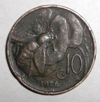 1926r Italy 10 Centesimi,  Bee On A Flower,  Insect,  Animal Coin photo