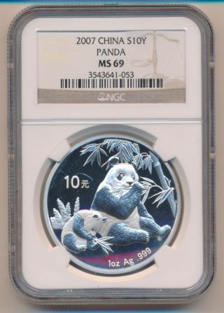 2007 China 1 Oz Silver Panda 10 Yuan Ngc Ms 69 Coin Chinese photo