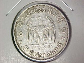 1935 - D German Third Reich Silver 5 Marks With Swastika - Nazi Germany - 101614 photo