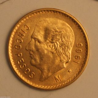 1906 Mexican Gold 5 Peso Mexico 0.  1205 Troy Oz 01218053z photo