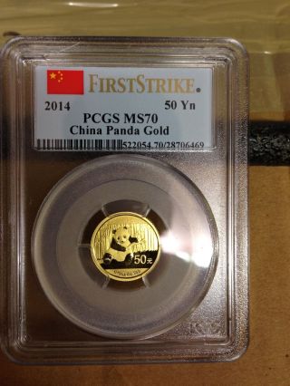 First Strike Uncirculated 2014 Pcgs Ms 70 50 Yn China Panda Gold (1/10th Oz) photo