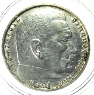 Germany,  Third Reich 2 Reichsmark,  1938 B,  Hindenburg Issue Silver Coin photo