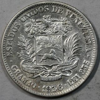 1936 Venezuela Silver 2 Bolivares (bolivar) Coin (last Year For Type) photo