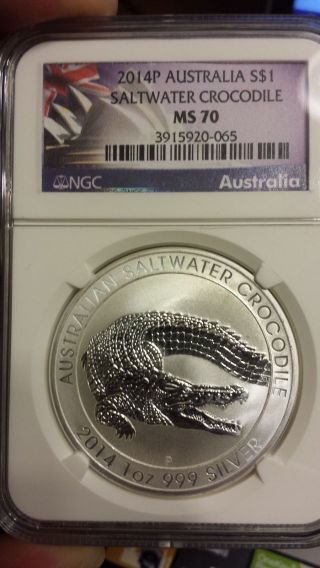 2014 - P Australia 1 Oz Silver $1 Saltwater Crocodile Ngc Ms70 photo