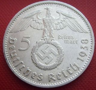 The Rarest 1938 E 5 Mark German Silver Old Vintage Coin Big Wreath Ww2 (sne84) photo