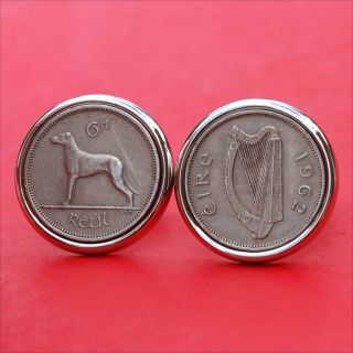 1962 Irish Ireland Rire 6 Pence Wolfhound Greyhound Dog Coin Sp Cufflinks photo
