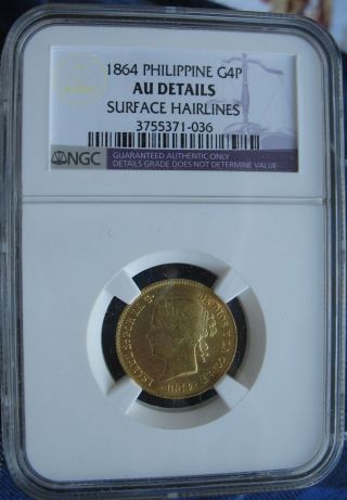 1864 Philippines Gold 4 Pesos Ngc Au Details photo