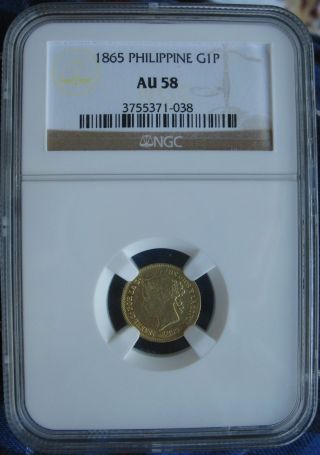 1865 Philippines Gold Peso Ngc Au - 58 photo