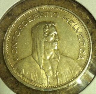 Switzerland 5 Francs 1939 B Silver Coin Swiss Helvetica photo