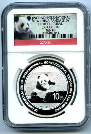 2014 1oz Silver China Panda 10 Yn Ngc Ms70 Qingdao Intl Horticultural Exposition photo