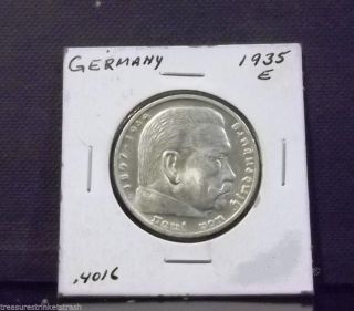1935 E Ww2 5 Mark German Hindenburg Eagle 3rd Reichsmark Coin 90 Silver Rare photo