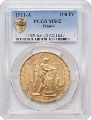 1911 - A 100 Francs Gold - France,  Angel/genius,  Pcgs Ms62 photo