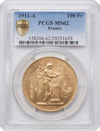 1911 - A 100 Francs Gold - France,  Angel/genius Pcgs Ms62 photo