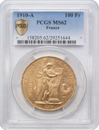 1910 - A 100 Francs Gold - France,  Angel/genius Pcgs Ms62 photo
