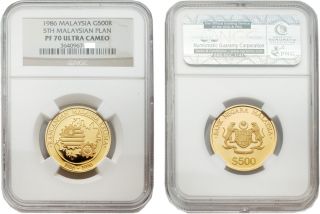 Malaysia 1986 5th Malaysian Plan 500 Ringgit Gold Coin Ngc Pf 70 Ultra Cameo photo