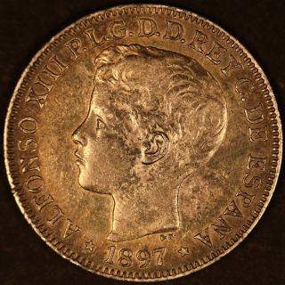 1897 Spain Philippines 1 Peso Silver Crown Great Details Light Bullseyetone photo