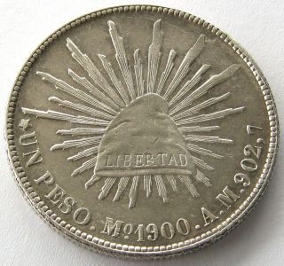 Mexico,  Large Silver Coin,  1 Peso 1900 Mo Am,  Top photo