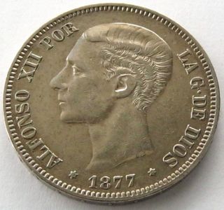 Spain,  Large Silver Coin,  5 Pesetas 1877 (77) De - M,  Alfonso Xi,  Xf, photo