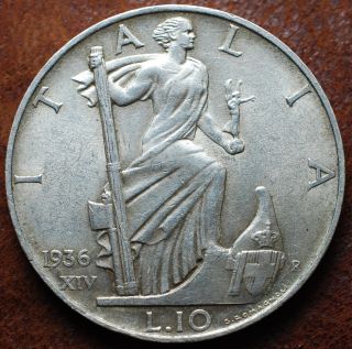 1936 Kingdom Italy 10 Lire Silver Coin R King Vittorio Emanuele Iii Rare photo