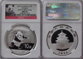 19 2014 China Panda Silver 1 Oz 10 Yn Early Release Ngc Ms70 Cert 3802820 - 293 photo