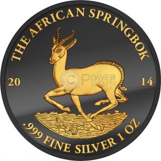 Golden Enigma African Springbok Black Ruthenium 1 Oz Silver Coin 1000 Gabon 2014 photo
