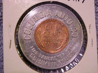1948 Columbia Auto Co Pa Penna Chevrolet Encased Cent Lucky Penny Bkct photo