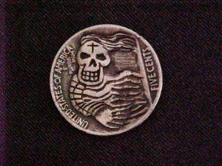 Carved Hobo Nickel Wind Blown Spirit Skull Folk Art Coin Token Ohns 1304 photo