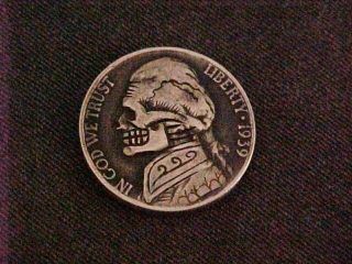 Carved Hobo Nickel Engraved Jefferson Skull Folk Art Coin Token Ohns 1304 photo