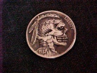Carved 1937 Hobo Nickel Detailed Zombie Skull Folk Art Coin Token Ohns 1304 photo