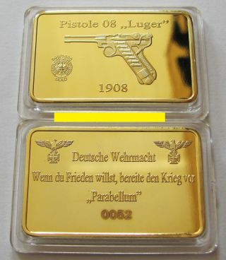 1 Oz 1908 Germany Famous Pistol Luger 08.  999 24k Gold Bullion Bar Very Rare photo
