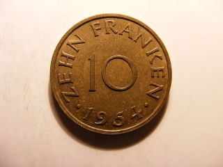 Saarland 10 Franken,  1954,  Uncirculated photo